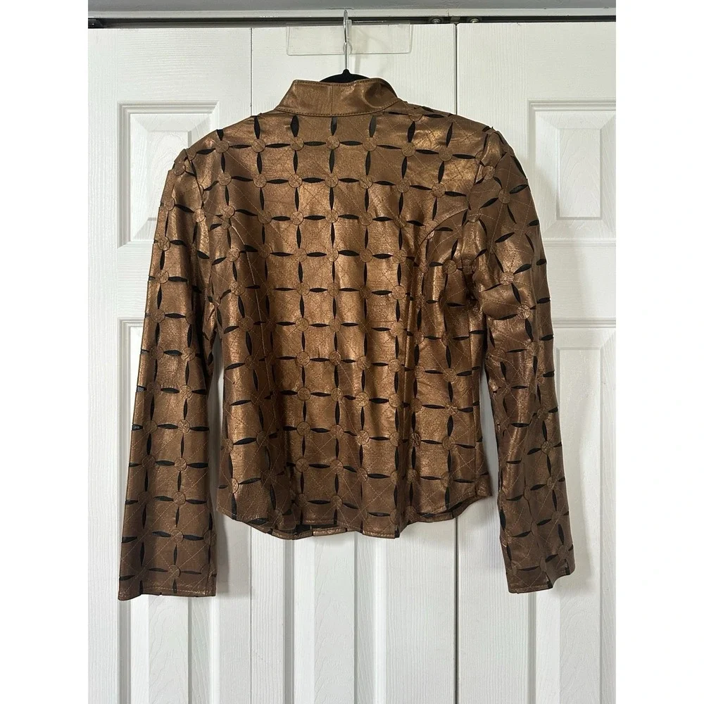 NWT Image Leather Women's Shiny Brown Laser Cut Leather Mesh Zip Up Jacket S